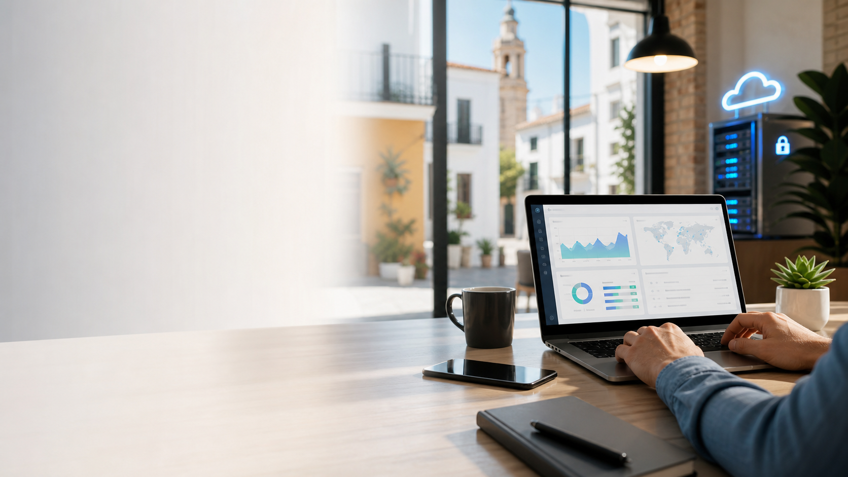 entorno digital profesional con dominios, hosting, analítica y seguridad para negocios