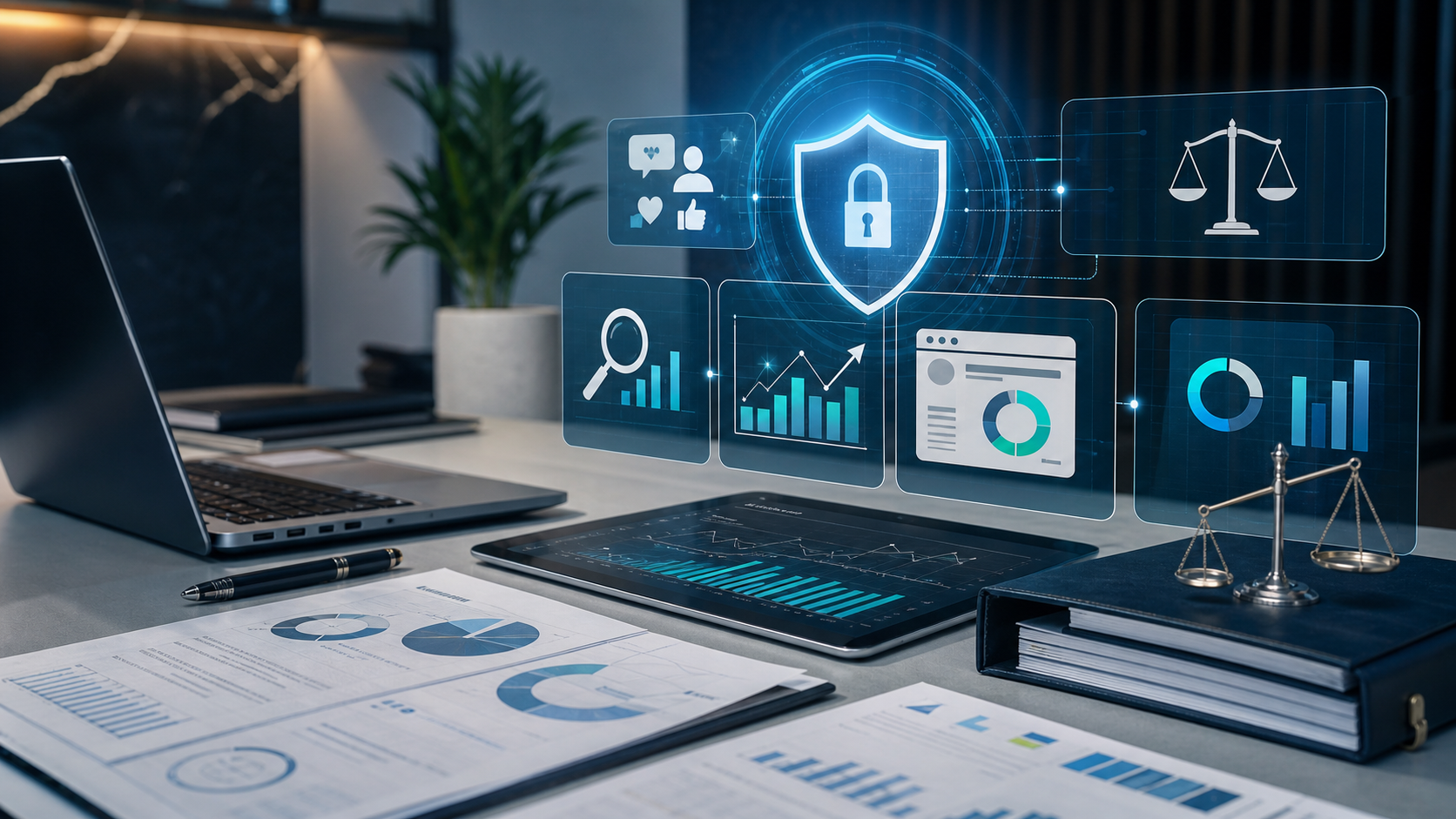 mesa de trabajo con servicios digitales integrados de SEO, anuncios, seguridad y analítica