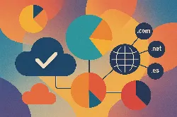 La imagen presenta un diseño abstracto con gráficos circulares y de barras en colores vibrantes, como azul, naranja y verde. En el centro, hay un ícono de nube con un símbolo de verificación, simbolizando la seguridad en la nube. También se observan enlaces a dominios web (.com, .net, .es), sugiriendo un contexto digital y tecnológico. La composición transmite una sensación de dinamismo y modernidad, reflejando la interconexión de datos y la importancia de la información en línea.