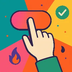La imagen muestra una mano que presiona un botón grande y colorido, con un fondo vibrante que combina tonos de azul, naranja y rosa. Al lado del botón, hay un símbolo de verificación que sugiere éxito o aprobación. La escena transmite una sensación de energía y dinamismo, evocando emociones de acción y logro. Los elementos gráficos, como llamas y círculos, añaden un toque divertido y moderno, enfatizando la interactividad del momento.