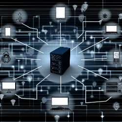 botnets, seguridad cibernética, malware La imagen muestra una ilustración del concepto de una botnet. En el centro, hay un servidor central que actúa como el comando principal, representado por una figura de computadora más grande y brillante. Desde este servidor central, se extienden múltiples líneas que conectan con varios dispositivos como computadoras, teléfonos inteligentes y dispositivos IoT, simbolizando la comunicación y el control. El fondo es oscuro y tiene un tono ominoso, lo que refleja la naturaleza maliciosa de las botnets