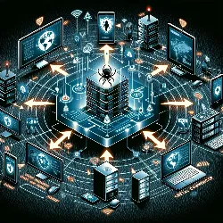 botnets, métodos de propagación, técnicas de evasión La imagen muestra los mecanismos de funcionamiento de una botnet. Se observan diversos dispositivos, como computadoras, teléfonos inteligentes y dispositivos IoT, conectados mediante flechas a un servidor central. Las flechas indican la propagación del malware desde una fuente central a los dispositivos, destacando el aspecto del control remoto. El tema general de la imagen refleja la naturaleza maliciosa y la complejidad de estas redes