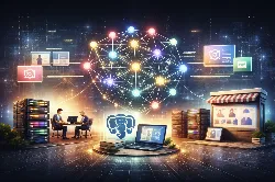 La imagen muestra un entorno digital futurista donde dos personas trabajan en computadoras, rodeadas de servidores y gráficos de datos interconectados. En el centro, un logotipo de un elefante simboliza una base de datos. Elementos visuales como íconos de perfiles y documentos flotan en el aire, sugiriendo un intercambio de información. La escena evoca colaboración y tecnología avanzada, transmitiendo una sensación de innovación y dinamismo en el ámbito de la informática.