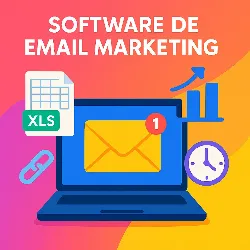 email, marketing Ilustración minimalista y colorida de un portátil azul con un sobre amarillo en la pantalla y un aviso de notificación. A su alrededor aparecen iconos de un gráfico ascendente, un archivo Excel, un reloj y un enlace, sobre un fondo degradado en tonos naranja, rosa y morado.