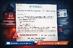 La imagen muestra un aviso de seguridad de una empresa llamada Endesa, alertando sobre un acceso no autorizado a su sistema. En el fondo, se ve una figura con capucha, simbolizando un hacker, y en la pantalla de la computadora aparece la palabra "HACKED". El mensaje destaca la filtración de datos personales, como DNI e información bancaria, generando una sensación de urgencia y preocupación. Se invita a los clientes a actuar para proteger su información.