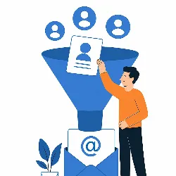 MailSent, generación de leads, plugin WordPress Persona introduciendo una ficha de contacto en un embudo digital conectado a un sobre de correo, simbolizando la captación de leads cualificados mediante MailSent.