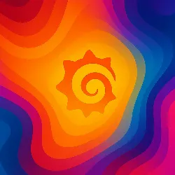 La imagen presenta un fondo vibrante con ondas de colores cálidos, como naranjas y amarillos, que se mezclan con tonos fríos de azul y púrpura. En el centro, destaca un símbolo en forma de sol con un espiral en su interior, evocando sensaciones de energía y calidez. La composición sugiere un ambiente alegre y dinámico, transmitiendo una sensación de optimismo y creatividad.