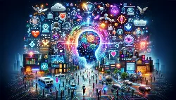 Inteligencia Artificial, Gráfico Circular de IA, Categorías de IA, Marcas de IA, Tecnología AI, Herramientas de IA, Innovación en IA La imagen representa un collage digital futurista y vibrante que ilustra el impacto de la inteligencia artificial en diferentes industrias. En la escena, se pueden observar representaciones simbólicas de la IA en diversos sectores como la salud, educación, marketing y ciberseguridad. La imagen está llena de actividad, mostrando herramientas de IA transformando estos campos.