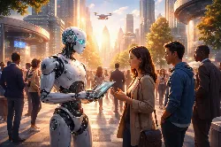 En una vibrante ciudad futurista, un robot humanoide interactúa con una mujer, sosteniendo una tablet. Ambos se miran fijamente, reflejando curiosidad y asombro. Al fondo, se observan edificios altos y un dron volando, mientras otras personas, vestidas de manera diversa, caminan por la plaza. La escena evoca una mezcla de innovación y conexión humana en un entorno tecnológico. La luz del atardecer añade un toque cálido y esperanzador al ambiente.