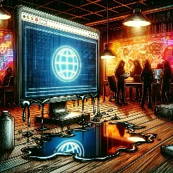 Ciberseguridad Es una imagen donde aparece un monitor con el navegador safari que esta perdiendo agua y con unos hackers en el fondo trabajando