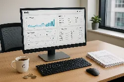 software facturación, AR6, Veri*factu Pantalla de ordenador en una oficina moderna que muestra el software de facturación AR6 de SeoXan Tech con gráficos de ventas, facturas recurrentes y datos de clientes. En el escritorio hay un teclado, un ratón, una taza de café y documentos.