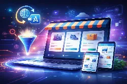 La imagen muestra un entorno digital vibrante, centrado en un ordenador portátil que exhibe una tienda en línea. En la pantalla, se pueden ver productos como una cámara, zapatillas y un paquete, todos con descripciones. Elementos gráficos como un embudo y símbolos de conexión sugieren un proceso de compra fluido. La escena transmite una sensación de modernidad y dinamismo, reflejando la interactividad y la accesibilidad del comercio electrónico en la actualidad.