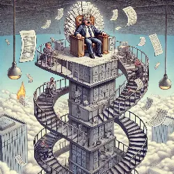 Es una ilustración surrealista de una torre de oficinas con una escalera interminable que sube. En cada nivel, se ve a una persona más confundida y abrumada que en el anterior. En la cima, hay un empleado sentado en un gran sillón, con una corona hecha de papeles, rodeado de hojas volando y listas de tareas en llamas. Todo está flotando en el cielo, dando una sensación de desconexión total con la realidad. Es oscura, humorística y muy crítica del mundo laboral.
