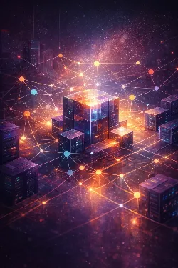 La imagen presenta un entorno digital futurista, donde bloques de datos brillantes se conectan a través de líneas de luz. En el centro, un gran cubo resplandece con tonos naranjas y azules, simbolizando la actividad y la energía. Alrededor, servidores oscuros se agrupan, creando una sensación de interconexión y dinamismo. La escena evoca una atmósfera de innovación y tecnología avanzada, sugiriendo un mundo interconectado lleno de posibilidades.