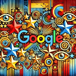 Imagen abstracta y colorida que representa cómo las reseñas en Google afectan a las empresas sin control. Se ven formas que simulan estrellas, un mapa estilizado y símbolos de vigilancia, reflejando la exposición forzada