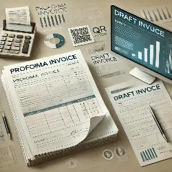 pre-facturación, facturas proforma, VERI*FACTU La imagen muestra un escritorio profesional con documentos etiquetados como "Factura Proforma" y "Borrador de Factura". Un ordenador en el centro de la escena exhibe una interfaz digital de facturación. El fondo incluye iconos sutiles como gráficos financieros y un símbolo de código QR, que resaltan la tecnología y el cumplimiento legal en el proceso de facturación. La paleta de colores es neutral con toques de azul y verde, reflejando profesionalismo y confianza.