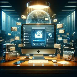 webmail, tutorial, correo La imagen muestra una ilustración digital detallada que representa el servicio de webmail de Roundcube. Se sitúa en un entorno de oficina moderno y elegante, con una pantalla de computadora grande y luminosa en el centro. En la pantalla, se muestra de manera prominente la interfaz de Roundcube, con una bandeja de entrada organizada y varios correos electrónicos dispuestos de forma ordenada. La interfaz destaca por incluir el logo reconocible de Roundcube y un diseño amigable para el usuario, enfatizando su simplicidad y eficiencia.