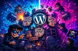 La imagen presenta un entorno digital vibrante y caótico, donde un niño sonriente, vestido con sudadera y gafas de sol, trabaja en una computadora portátil. A su alrededor, bloques de texto indican plugins y temas de WordPress obsoletos, mientras otros personajes, también niños, parecen estar en una misión de "hackeo". La escena evoca una mezcla de diversión y desafío, resaltando la importancia de la seguridad en el mundo digital. Los colores brillantes y los elementos de acción añaden dinamismo a la composición.