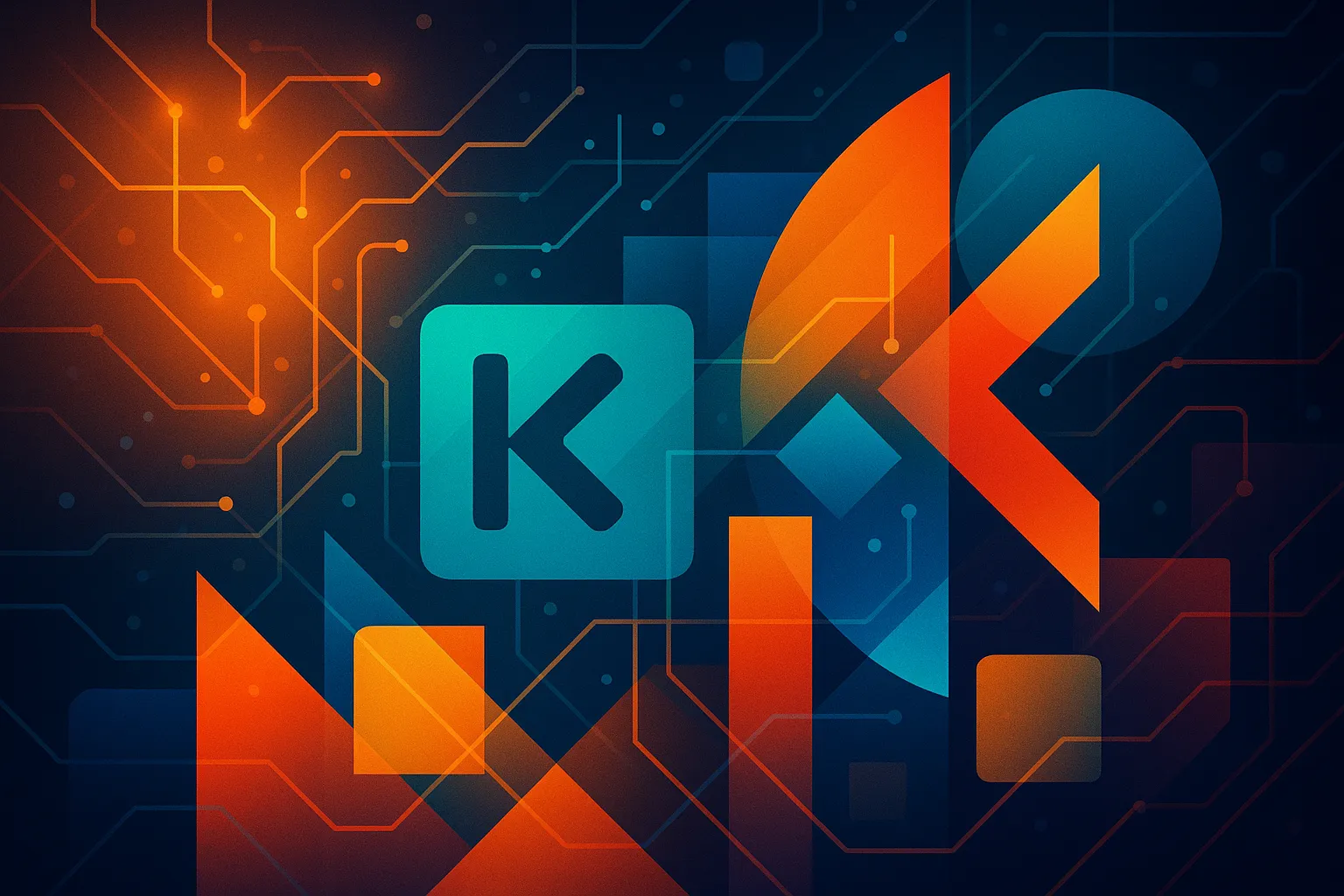 La imagen presenta un fondo oscuro con patrones de circuitos que evocan tecnología. En el centro, destaca un símbolo en color azul con la letra "K", rodeado de formas geométricas en tonos naranjas y azules. Las líneas y puntos brillantes sugieren movimiento y conexión, creando una atmósfera moderna y dinámica. La combinación de colores transmite energía y creatividad, reflejando un ambiente digital y futurista.