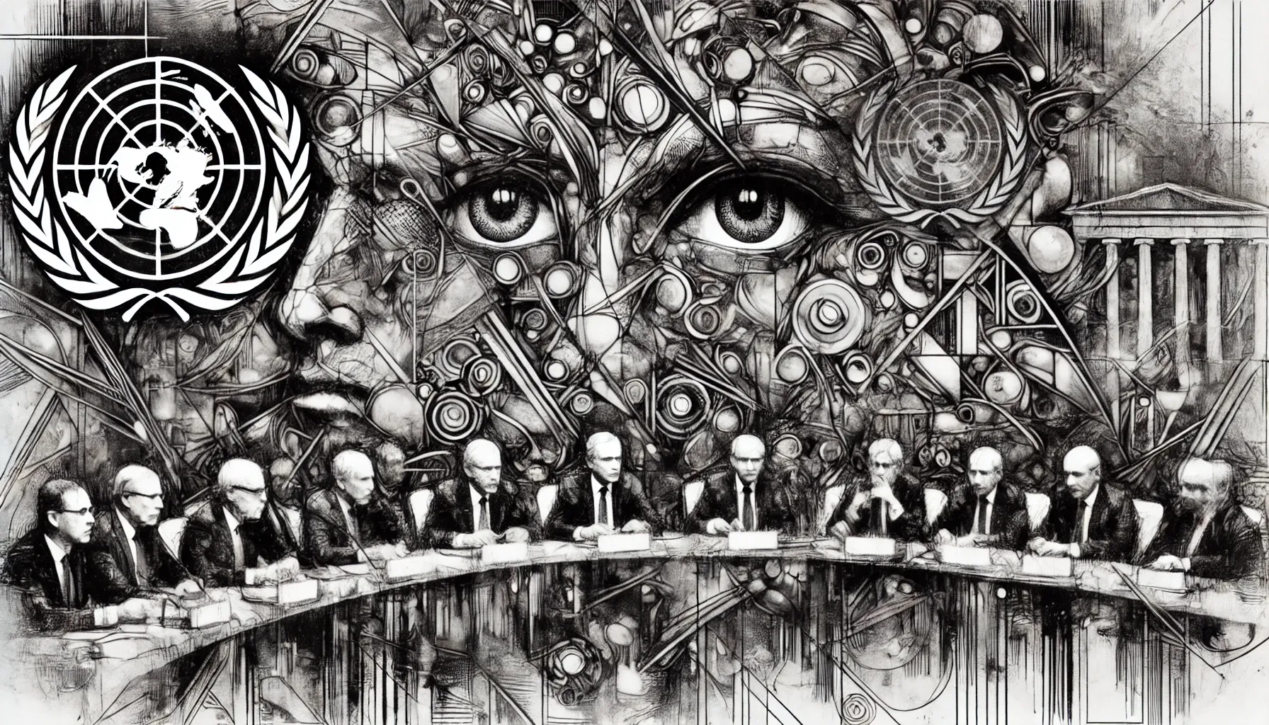 imagen altamente abstracta en estilo dibujado a lápiz de carbón en blanco y negro, que representa a la ONU y sus políticos profundamente preocupados por la ciberseguridad. 