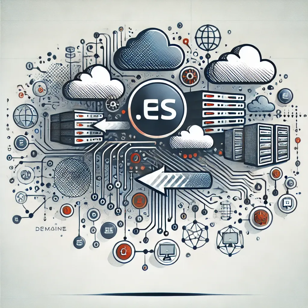 La imagen muestra un diseño abstracto con líneas de conexión formando una red, simbolizando el flujo de datos. Incluye íconos estilizados de servidores y nubes digitales, junto con un prominente símbolo de dominio .es. Los colores predominantes son azul, gris y blanco, con sutiles acentos en rojo, creando un estilo moderno y profesional que enfatiza el concepto tecnológico de las transferencias de dominios.