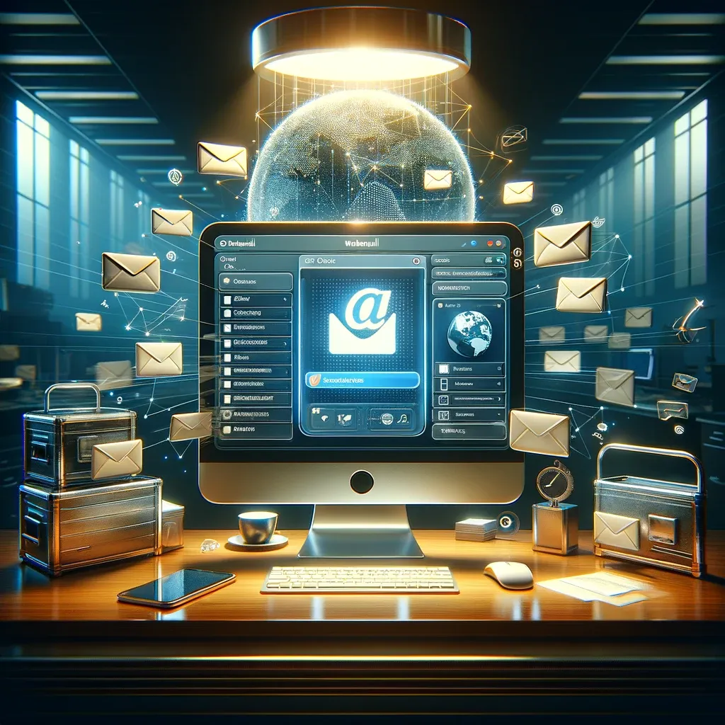 La imagen muestra una ilustración digital detallada que representa el servicio de webmail de Roundcube. Se sitúa en un entorno de oficina moderno y elegante, con una pantalla de computadora grande y luminosa en el centro. En la pantalla, se muestra de manera prominente la interfaz de Roundcube, con una bandeja de entrada organizada y varios correos electrónicos dispuestos de forma ordenada. La interfaz destaca por incluir el logo reconocible de Roundcube y un diseño amigable para el usuario, enfatizando su simplicidad y eficiencia.