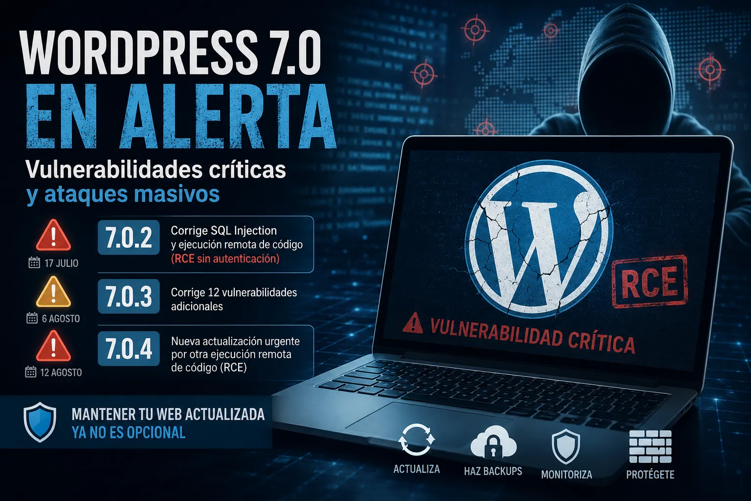 La imagen muestra un fondo oscuro con un ordenador portátil que tiene el logo de WordPress agrietado en la pantalla. Un personaje con capucha sugiere una amenaza cibernética. El texto destaca la alerta sobre vulnerabilidades críticas en WordPress 7.0, incluyendo fechas y versiones que requieren atención urgente. Se transmiten emociones de urgencia y preocupación, enfatizando la necesidad de mantener la seguridad en la web. Iconos en la parte inferior sugieren acciones como actualizar y protegerse.